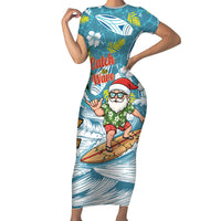 Hawaii Summer Christmas Short Sleeve Bodycon Dress Surfing Santa Shaka Catch The Wave LT14 Long Dress Teal - Polynesian Pride