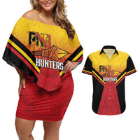 Papua New Guinea Rugby Custom Couples Matching Off Shoulder Short Dress and Hawaiian Shirt Go PNG Hunters Polynesian Pattern - Polynesian Pride