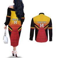 Papua New Guinea Rugby Custom Couples Matching Off The Shoulder Long Sleeve Dress and Long Sleeve Button Shirt Go PNG Hunters Polynesian Pattern - Polynesian Pride