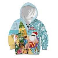 Aloha Hawaii Mele Kalikimaka Kid Hoodie Chilling Santa With Pineapple - Polynesian Pattern LT14 Zip Hoodie Cyan - Polynesian Pride