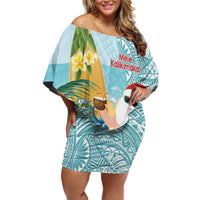 Aloha Hawaii Mele Kalikimaka Off Shoulder Short Dress Chilling Santa With Pineapple - Polynesian Pattern LT14 Women Cyan - Polynesian Pride