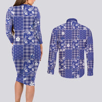 Blue Palaka Japanese Patterns Couples Matching Long Sleeve Bodycon Dress and Long Sleeve Button Shirt Koi Fish Asanoha Sakura Patchwork Stylized - Polynesian Pride