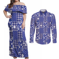 Blue Palaka Japanese Patterns Couples Matching Off Shoulder Maxi Dress and Long Sleeve Button Shirt Koi Fish Asanoha Sakura Patchwork Stylized - Polynesian Pride