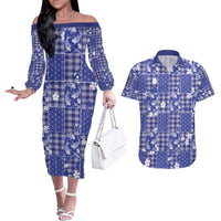 Blue Palaka Japanese Patterns Couples Matching Off The Shoulder Long Sleeve Dress and Hawaiian Shirt Koi Fish Asanoha Sakura Patchwork Stylized - Polynesian Pride