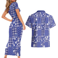 Blue Palaka Japanese Patterns Couples Matching Short Sleeve Bodycon Dress and Hawaiian Shirt Koi Fish Asanoha Sakura Patchwork Stylized - Polynesian Pride