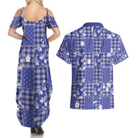 Blue Palaka Japanese Patterns Couples Matching Summer Maxi Dress and Hawaiian Shirt Koi Fish Asanoha Sakura Patchwork Stylized - Polynesian Pride