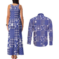 Blue Palaka Japanese Patterns Couples Matching Tank Maxi Dress and Long Sleeve Button Shirt Koi Fish Asanoha Sakura Patchwork Stylized - Polynesian Pride