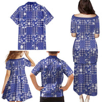 Blue Palaka Japanese Patterns Family Matching Puletasi and Hawaiian Shirt Koi Fish Asanoha Sakura Patchwork Stylized - Polynesian Pride