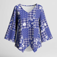 Blue Palaka Japanese Patterns Kimono Sleeve Blouse Koi Fish Asanoha Sakura Patchwork Stylized - Polynesian Pride