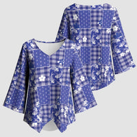 Blue Palaka Japanese Patterns Kimono Sleeve Blouse Koi Fish Asanoha Sakura Patchwork Stylized - Polynesian Pride