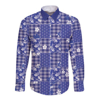 Blue Palaka Japanese Patterns Long Sleeve Button Shirt Koi Fish Asanoha Sakura Patchwork Stylized - Polynesian Pride