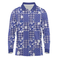 Blue Palaka Japanese Patterns Long Sleeve Polo Shirt Koi Fish Asanoha Sakura Patchwork Stylized - Polynesian Pride