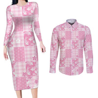 Pink Palaka Japanese Patterns Couples Matching Long Sleeve Bodycon Dress and Long Sleeve Button Shirt Koi Fish Asanoha Sakura Patchwork Stylized - Polynesian Pride