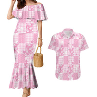Pink Palaka Japanese Patterns Couples Matching Mermaid Dress and Hawaiian Shirt Koi Fish Asanoha Sakura Patchwork Stylized - Polynesian Pride