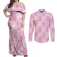 Pink Palaka Japanese Patterns Couples Matching Off Shoulder Maxi Dress and Long Sleeve Button Shirt Koi Fish Asanoha Sakura Patchwork Stylized - Polynesian Pride