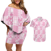 Pink Palaka Japanese Patterns Couples Matching Off Shoulder Short Dress and Hawaiian Shirt Koi Fish Asanoha Sakura Patchwork Stylized - Polynesian Pride