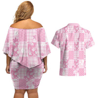 Pink Palaka Japanese Patterns Couples Matching Off Shoulder Short Dress and Hawaiian Shirt Koi Fish Asanoha Sakura Patchwork Stylized - Polynesian Pride