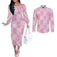 Pink Palaka Japanese Patterns Couples Matching Off The Shoulder Long Sleeve Dress and Long Sleeve Button Shirt Koi Fish Asanoha Sakura Patchwork Stylized - Polynesian Pride
