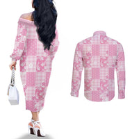 Pink Palaka Japanese Patterns Couples Matching Off The Shoulder Long Sleeve Dress and Long Sleeve Button Shirt Koi Fish Asanoha Sakura Patchwork Stylized - Polynesian Pride