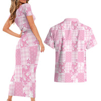 Pink Palaka Japanese Patterns Couples Matching Short Sleeve Bodycon Dress and Hawaiian Shirt Koi Fish Asanoha Sakura Patchwork Stylized - Polynesian Pride