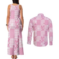 Pink Palaka Japanese Patterns Couples Matching Tank Maxi Dress and Long Sleeve Button Shirt Koi Fish Asanoha Sakura Patchwork Stylized - Polynesian Pride