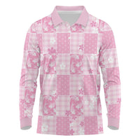 Pink Palaka Japanese Patterns Long Sleeve Polo Shirt Koi Fish Asanoha Sakura Patchwork Stylized - Polynesian Pride