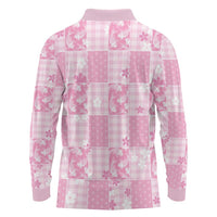 Pink Palaka Japanese Patterns Long Sleeve Polo Shirt Koi Fish Asanoha Sakura Patchwork Stylized - Polynesian Pride