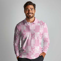 Pink Palaka Japanese Patterns Long Sleeve Polo Shirt Koi Fish Asanoha Sakura Patchwork Stylized - Polynesian Pride