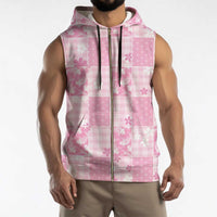 Pink Palaka Japanese Patterns Sleeveless Zip Hoodie Koi Fish Asanoha Sakura Patchwork Stylized - Polynesian Pride