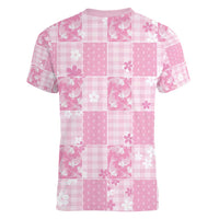 Pink Palaka Japanese Patterns Women V-Neck T-Shirt Koi Fish Asanoha Sakura Patchwork Stylized - Polynesian Pride