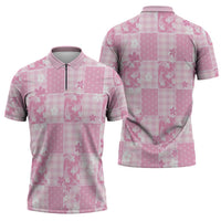 Pink Palaka Japanese Patterns Zipper Polo Shirt Koi Fish Asanoha Sakura Patchwork Stylized - Polynesian Pride