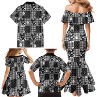 Black Palaka Japanese Patterns Family Matching Mermaid Dress and Hawaiian Shirt Koi Fish Asanoha Sakura Patchwork Stylized - Polynesian Pride