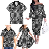 Black Palaka Japanese Patterns Family Matching Off The Shoulder Long Sleeve Dress and Hawaiian Shirt Koi Fish Asanoha Sakura Patchwork Stylized - Polynesian Pride