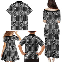 Black Palaka Japanese Patterns Family Matching Puletasi and Hawaiian Shirt Koi Fish Asanoha Sakura Patchwork Stylized - Polynesian Pride