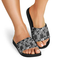 Black Palaka Japanese Patterns Slide Sandals Koi Fish Asanoha Sakura Patchwork Stylized - Polynesian Pride