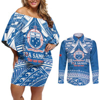Toa Samoa Rugby Custom Couples Matching Off Shoulder Short Dress and Long Sleeve Button Shirt Uso aso uma Samoan Pattern Blue - Polynesian Pride