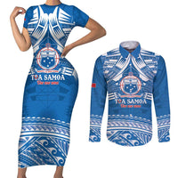 Toa Samoa Rugby Custom Couples Matching Short Sleeve Bodycon Dress and Long Sleeve Button Shirt Uso aso uma Samoan Pattern Blue - Polynesian Pride