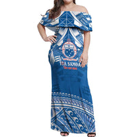 Toa Samoa Rugby Custom Off Shoulder Maxi Dress Uso aso uma Samoan Pattern Blue - Polynesian Pride