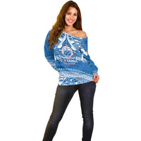 Toa Samoa Rugby Custom Off Shoulder Sweater Uso aso uma Samoan Pattern Blue - Polynesian Pride