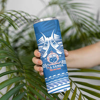 Toa Samoa Rugby Custom Skinny Tumbler Uso aso uma Samoan Pattern Blue - Polynesian Pride
