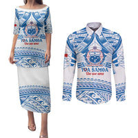 Toa Samoa Rugby Custom Couples Matching Puletasi and Long Sleeve Button Shirt Uso aso uma Samoan Pattern White - Polynesian Pride