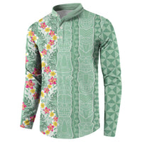 Menthol Green Aloha Hawaii Tiki Button Sweatshirt Tropical Plumeria - Seamless Style LT14 - Polynesian Pride