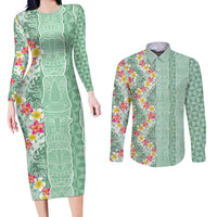 Menthol Green Aloha Hawaii Tiki Couples Matching Long Sleeve Bodycon Dress and Long Sleeve Button Shirt Tropical Plumeria - Seamless Style