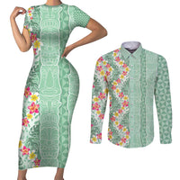 Menthol Green Aloha Hawaii Tiki Couples Matching Short Sleeve Bodycon Dress and Long Sleeve Button Shirt Tropical Plumeria - Seamless Style