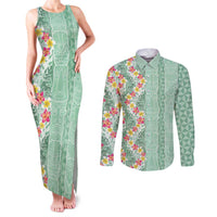 Menthol Green Aloha Hawaii Tiki Couples Matching Tank Maxi Dress and Long Sleeve Button Shirt Tropical Plumeria - Seamless Style