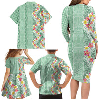 Menthol Green Aloha Hawaii Tiki Family Matching Long Sleeve Bodycon Dress and Hawaiian Shirt Tropical Plumeria - Seamless Style