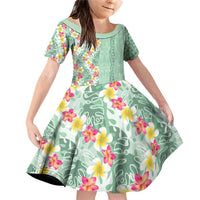 Menthol Green Aloha Hawaii Tiki Family Matching Off Shoulder Short Dress and Hawaiian Shirt Tropical Plumeria - Seamless Style