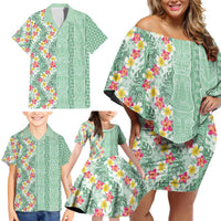 Menthol Green Aloha Hawaii Tiki Family Matching Off Shoulder Short Dress and Hawaiian Shirt Tropical Plumeria - Seamless Style