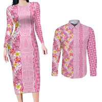 Pastel Magenta Aloha Hawaii Tiki Couples Matching Long Sleeve Bodycon Dress and Long Sleeve Button Shirt Tropical Plumeria - Seamless Style