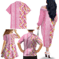 Pastel Magenta Aloha Hawaii Tiki Family Matching Off The Shoulder Long Sleeve Dress and Hawaiian Shirt Tropical Plumeria - Seamless Style